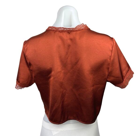 Princess Polly Brown Silk Satin Vintage Short Sleeve Tie Up Cropped Top Size 6 - Picture 2 of 4